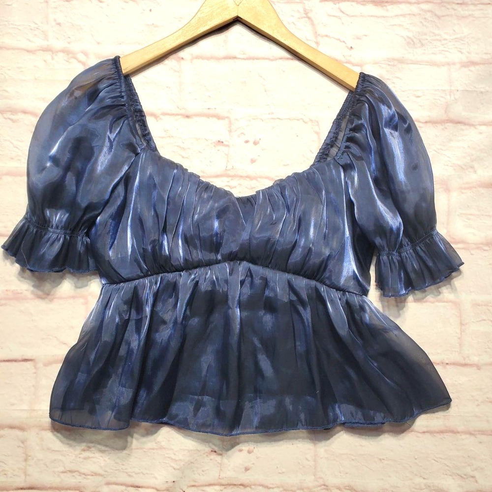 Thirty Third LA Babydoll Fairycore Crop Top Womens Large Blue Puff Sleeve Sheer‎